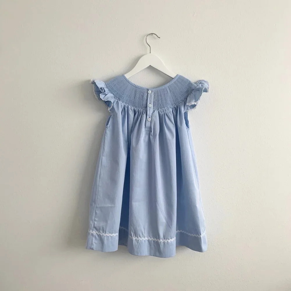 š NWT Pretty Girls Smocked Dress Embroidered Sheep Blue & White Boutique 5-6Y - Picture 9 of 9